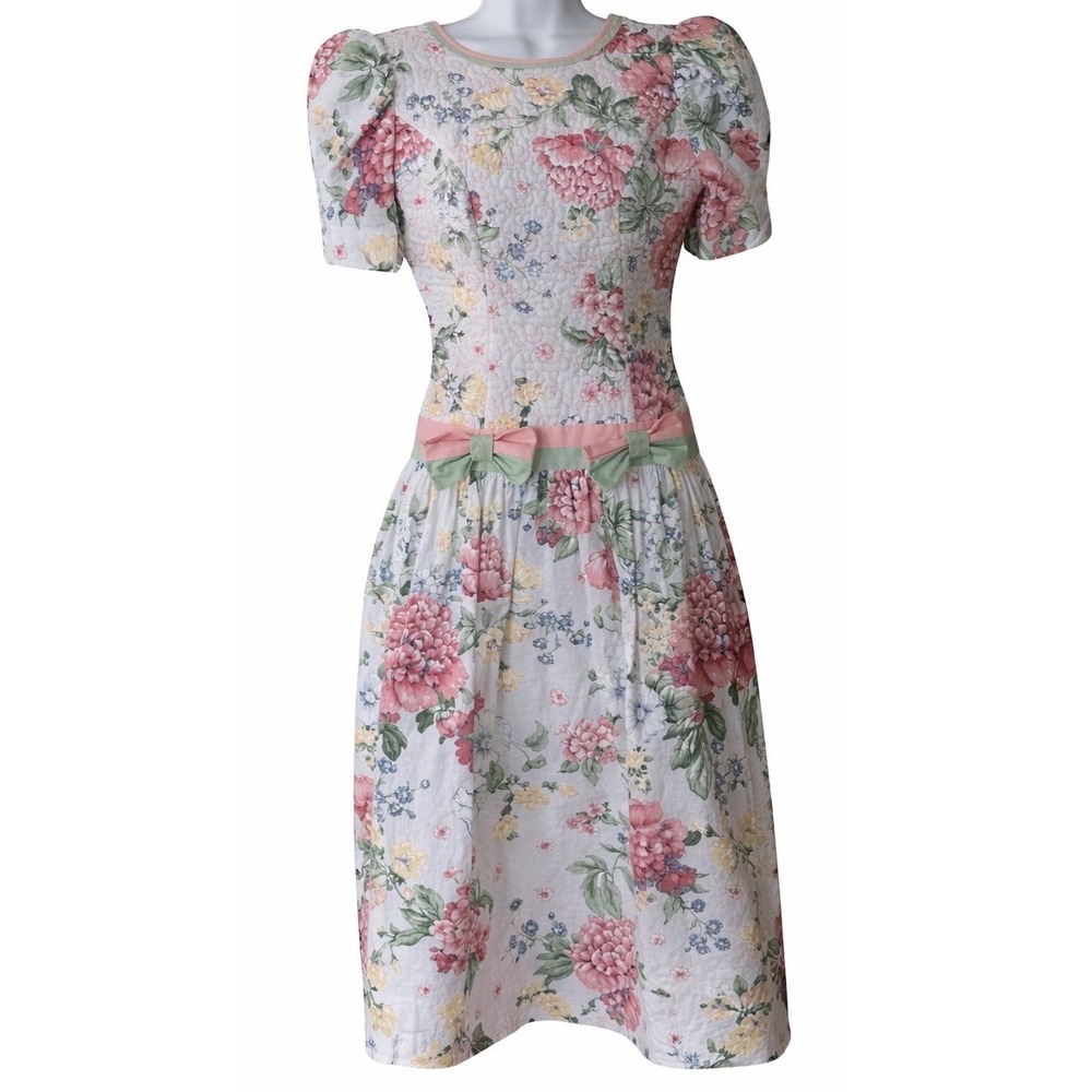 Vintage Algo Floral Quilted Bodice Midi Dress Pink Green Cotton Made in Canada 7